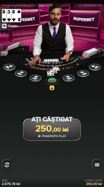 Superbet Exclusive Blackjack 3, masă live Pragmatic Play cu dealer la 19, miză 250 lei, câștig 250,00 lei și sold actualizat la 2.675,78 lei