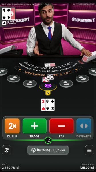 Superbet Exclusive Blackjack 3, masă live cu miză 125 lei, mână 10 contra dealer 4, sold 2.550,78 lei, încasare 181,25 lei și butoane Dublu, Trage, Stai, Desparte