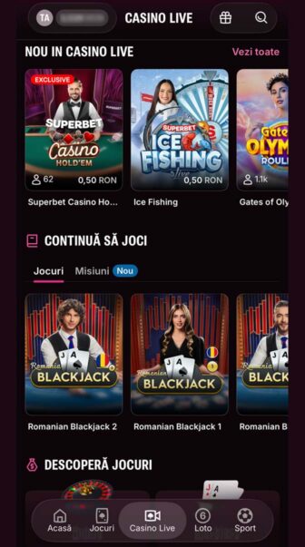 Superbet, lobby Casino Live cu Superbet Casino Hold’em și Ice Fishing la miză 0,50 RON, Gates of Olympus Roulette, Romanian Blackjack 1 și 2, plus meniul Acasă, Jocuri, Loto și Sport