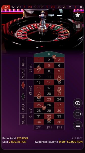 Superbet Roulette live, ruletă europeană cu roata în joc și pariuri pe masă cu jetoane 25/50 RON, pariu total 225 RON, sold 2.800,78 RON, limite 0,50–50.000 RON