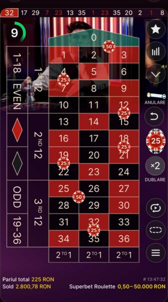 Superbet Roulette, masă live cu pariuri pe numere și jetoane de 25/50 RON, pariu total 225 RON, sold 2.800,78 RON și limite 0,50–50.000 RON