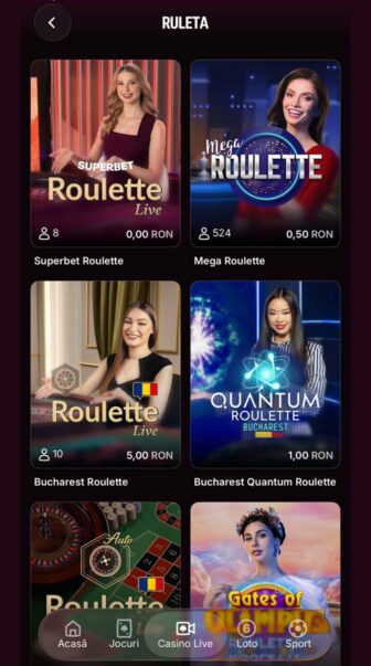 Superbet, lobby Casino Live „Ruleta”, cu Superbet Roulette la 0,00 RON, Mega Roulette 0,50 RON, Bucharest Roulette 5,00 RON și Bucharest Quantum Roulette 1,00 RON