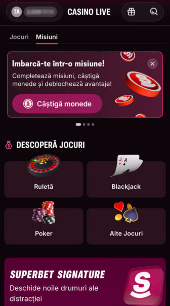 Superbet, lobby Casino Live pe tabul Misiuni, cu provocări pentru câștigarea de monede și deblocarea avantajelor, plus categorii Ruletă, Blackjack, Poker, Alte Jocuri și promoția Superbet Signature