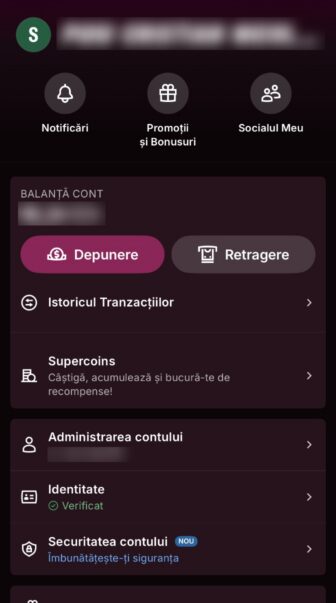 Superbet, meniul contului cu balanță, butoane Depunere și Retragere, Istoricul Tranzacțiilor, Supercoins, Administrarea contului, Identitate verificată și Securitatea contului