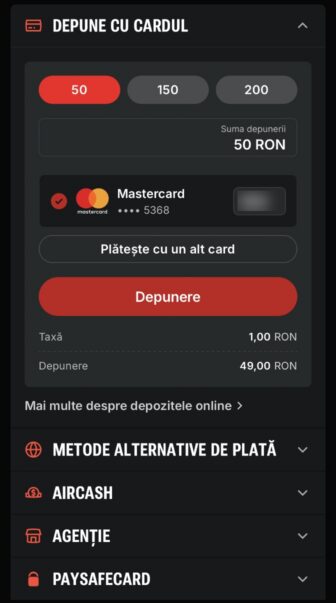 Superbet, ecran de depunere cu cardul: sumă 50 RON, Mastercard selectat, taxă 1,00 RON, depunere netă 49,00 RON, buton „Depunere” și metode alternative Aircash, Agenție, Paysafecard