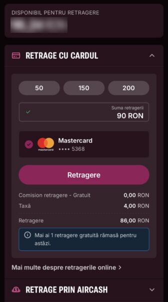 Superbet, retragere cu cardul Mastercard, sumă 90 RON, taxă 4 RON, retragere netă 86 RON, o retragere gratuită rămasă și opțiune Aircash