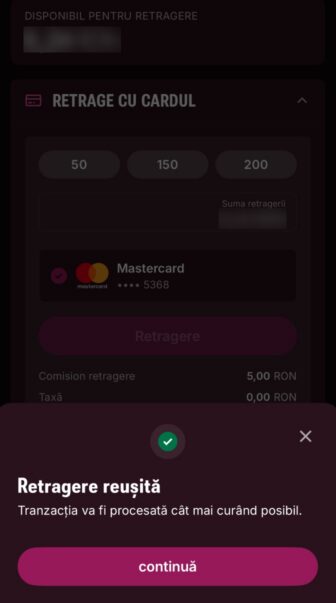 Superbet, confirmare „Retragere reușită” pentru retragere cu cardul Mastercard •••• 5368, tranzacția urmează să fie procesată, cu buton principal „continuă”