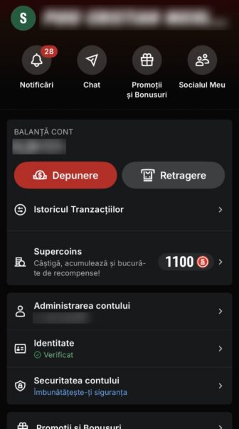 Superbet, ecran de cont cu balanță, butoane Depunere și Retragere, Istoricul Tranzacțiilor, 1100 Supercoins, identitate verificată, administrarea și securitatea contului, plus promoții și bonusuri