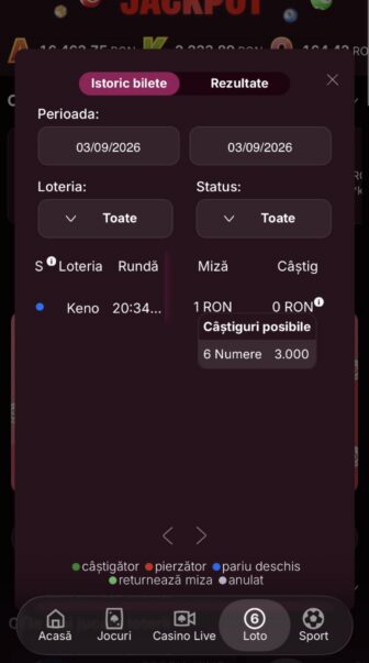 Superbet, „Istoric bilete” Loto pentru Keno din 03/09/2026, pariu deschis cu miză 1 RON, câștig curent 0 RON și câștig posibil 3.000 RON pentru 6 numere