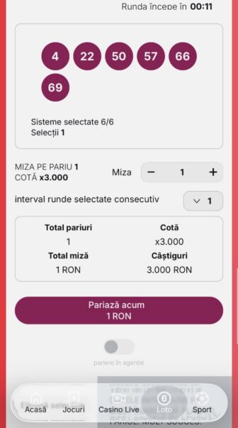 Superbet, bilet Loto cu numerele 4, 22, 50, 57, 66 și 69, cotă x3.000, miză 1 RON, câștig potențial 3.000 RON și buton „Pariază acum”