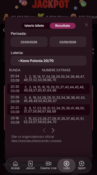 Superbet, fila Rezultate Loto pentru Keno Polonia 20/70 din 03/09/2026, cu rundele 20:18–20:34 și listele numerelor extrase, plus link către site-ul oficial Lotto Polonia
