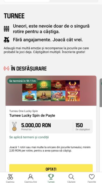turnee în aplicația unibet