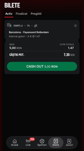 Superbet, bilet activ Barcelona–Feyenoord Rotterdam cu selecția 3–6 goluri la cota 1,47, miză 5 RON, câștig potențial 7,35 RON și Cash Out 5 RON