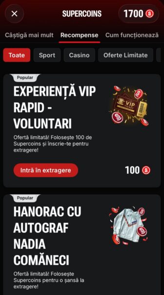 Superbet Supercoins, secțiunea Recompense cu balanță de 1700 Supercoins, oferte limitate pentru experiență VIP Rapid și hanorac cu autograf Nadia Comăneci, de la 100 Supercoins