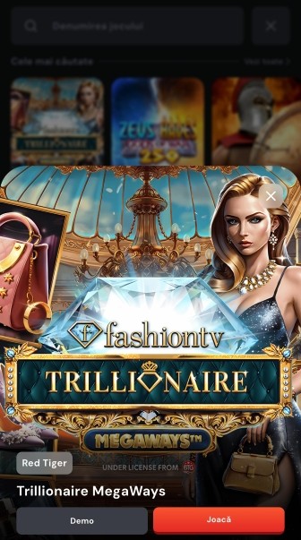 Popup joc casino, Trillionaire MegaWays de la Red Tiger, grafică fashiontv cu diamant și personaj feminin, fundal lobby estompat, butoane Demo și Joacă