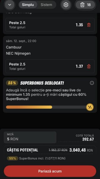 Superbet, bilet de pariuri sportive cu Cambuur–NEC Nijmegen, Peste 2.5 goluri la cota 1.37, miză 5 RON, cotă totală 392.67, câștig 3.040,48 RON și SuperBonus 55% de 1.077,11 RON