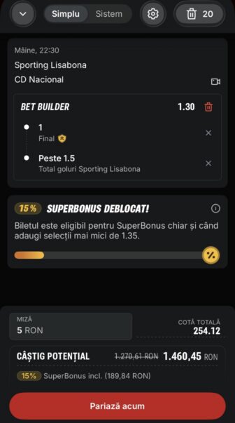 Superbet, bilet de pariuri sportive cu Bet Builder Sporting Lisabona–CD Nacional la cota 1.30, miză 5 RON, cotă totală 254.12, câștig 1.460,45 RON și SuperBonus 15% de 189,84 RON