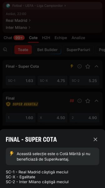 Superbet Supercota, pariuri sportive Champions League Real Madrid–Inter Milano, SuperCota 1X2 cu cote 1,63, 4,75 și 5,25, selecție neeligibilă pentru promoția SuperAvantaj