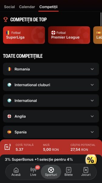 Superbet, secțiunea Competiții din pariuri sportive, cu SuperLiga, Premier League și LaLiga, bilet de 3 selecții, cotă totală 5.37, miză 5 RON, câștig 27,54 RON și SuperBonus 3%