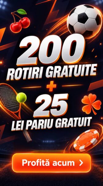 Promoție Betano cu 200 rotiri gratuite și 25 Lei pariu gratuit, ilustrată cu simboluri casino și pariuri sportive și buton principal „Profită acum”