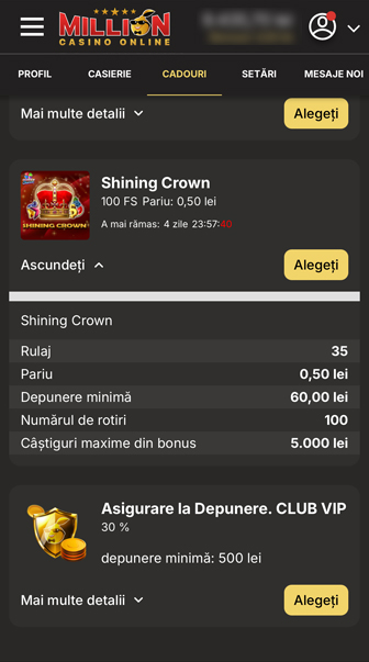 oferta cyberluck activată în contul de jucător million casino, cu detalii vizibile despre bonus și opțiuni disponibile în secțiunea de utilizare