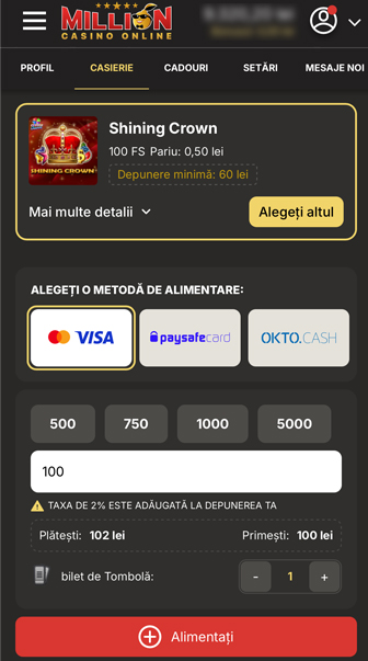 oferta cyberluck activată în contul de jucător million, afișând detaliile bonusului și secțiunea de activare a biletelor pentru tombolă