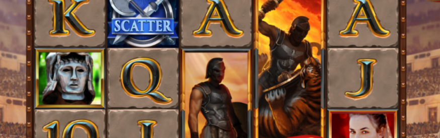 Gladiator Road to Rome, slot cu role în arenă, simboluri Scatter și Wild, personaje romane, litere A-K-Q-J-10 și jackpot marcat „Not in use”