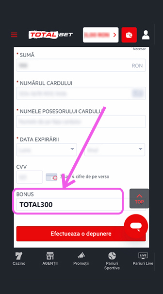 depunere cu cod bonus totalbet