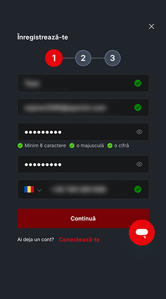 pasul 1 de înregistrare cont la totalbet