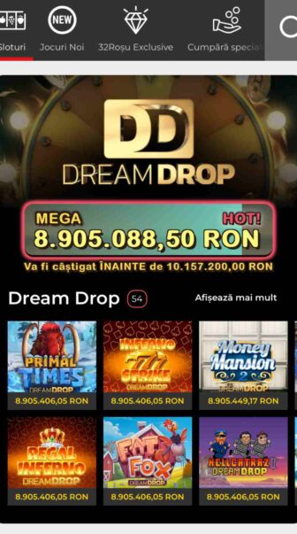 secțiunea jackpot 32roșu.ro, cu Mega Jackpotul Dream Drop și sloturile eligibile