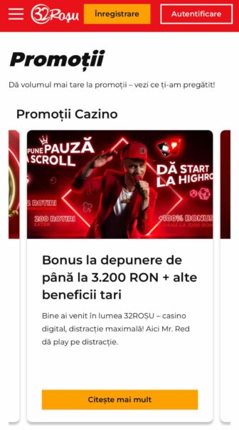 pagina de promoții 32roșu.ro care afișează bonusul de bun venit și detaliile ofertei