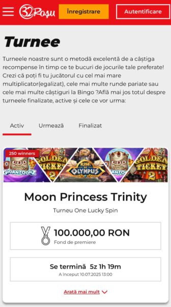 pagina principală a turneelor casino, cu detalii despre turneele 32 roșu aflate în desfășurare și informații de participare