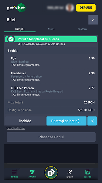 bilet plasat cu succes în aplicația Gets Bet