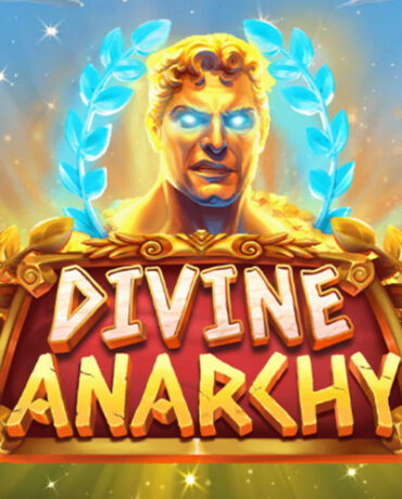 Logo Slot Divine Anarchy cu chipul unui zeu aurit, ochi luminoși și cunună de lauri