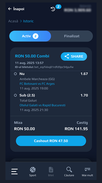 Bilet activ la pariuri Netbet cu opțiunea de cash out disponibilă