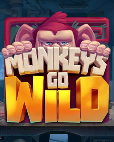 Logo slot Monkeys Go Wild, cu o maimuță care privește peste text