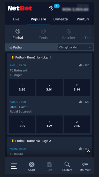 Secțiunea de evenimente propuse din oferta de pariuri sportive Netbet, cu meciuri și cote actualizate în timp real