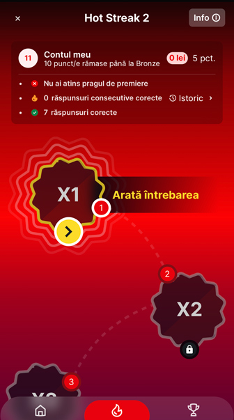 pagina principală Hot Streak cu secțiuni pentru întrebarea zilei, progresul în seria Jackpot și punctele din clasament