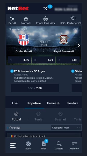 Interfață aplicație pariuri Netbet