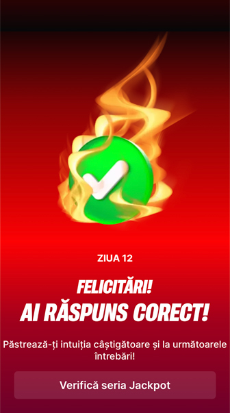 notificare cu validare răspuns corect, afișată în oferta Hot Streak din aplicația Superbet