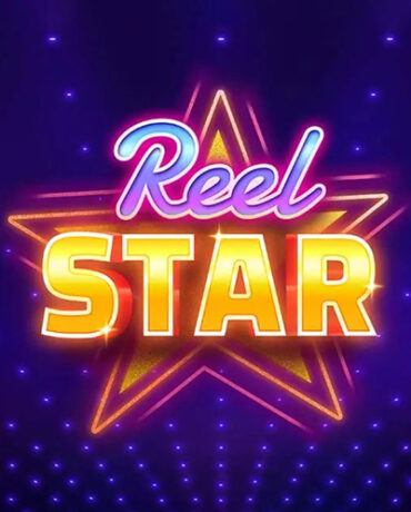 Logo neon slot Reel Star pe fundal mov cu o stea luminoasă