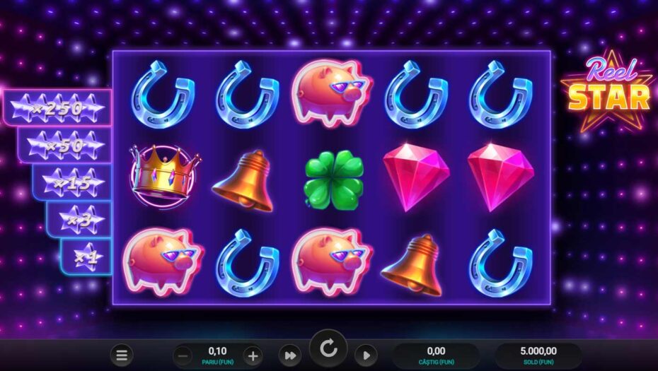 Slot online Reel Star cu multiplicatori până la x250, simboluri diamant și funcții bonus
