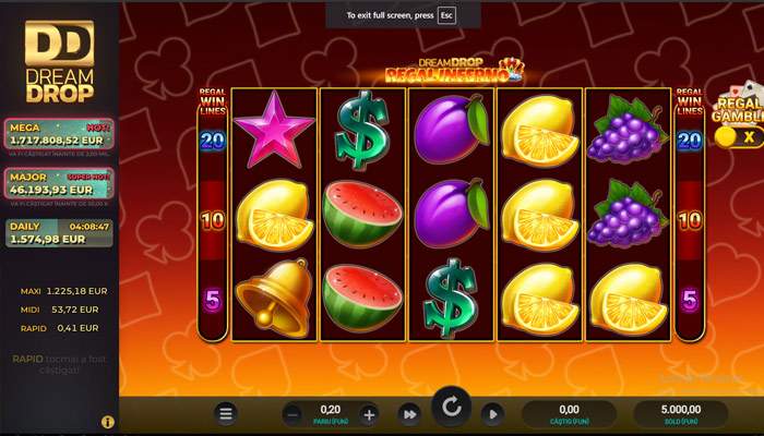 Păcănele online Dream Drop Regal Inferno cu simboluri fructe, 20 linii de plată și jackpoturi Mega, Major, Maxi, Daily, Rapid