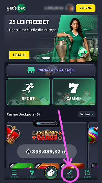 Secțiunea Sport este evidențiată în meniul de jos al aplicației Get’s Bet