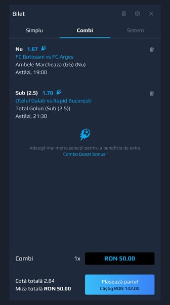 Bilet de pariuri sportive Netbet completat și pregătit pentru plasare online