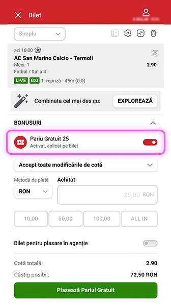 bilet Casa Pariurilor cu pariu live, bonus „Pariu Gratuit 25” activat și câștig potențial 72,50 RON