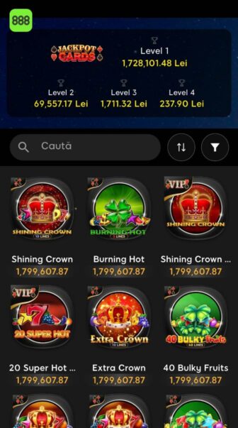 888 Casino, lobby de sloturi Jackpot Cards cu jackpoturi Level 1: 1.728.101,48 Lei, Level 2: 69.557,17 Lei, Level 3: 1.711,32 Lei și Level 4: 237,90 Lei, plus Shining Crown și Burning Hot