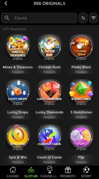 888 Casino, secțiunea 888 Originals din lobby-ul de sloturi, cu 11 jocuri Nevada, inclusiv Mines & Treasures, Chicken Rush, Plinko Blast, Lucky Drops, Lucky Diamonds, 5 Gemstones, Spin & Win, Clash of Cards și Flip