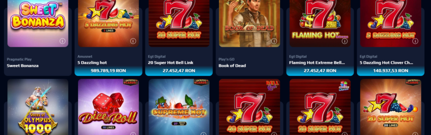 Lobby casino cu sloturi Sweet Bonanza, Gates of Olympus 1000, Book of Dead, 5 Dazzling Hot și Super Hot, jackpoturi afișate de 989.789,19 RON, 140.937,53 RON și 27.452,47 RON