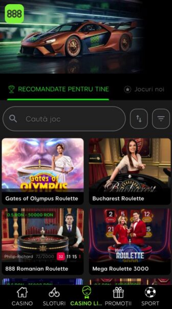 888 Casino, lobby Live Casino cu jocuri recomandate Gates of Olympus Roulette, Bucharest Roulette, 888 Romanian Roulette și Mega Roulette 3000, cu mize afișate între 0,5 și 50.000 RON